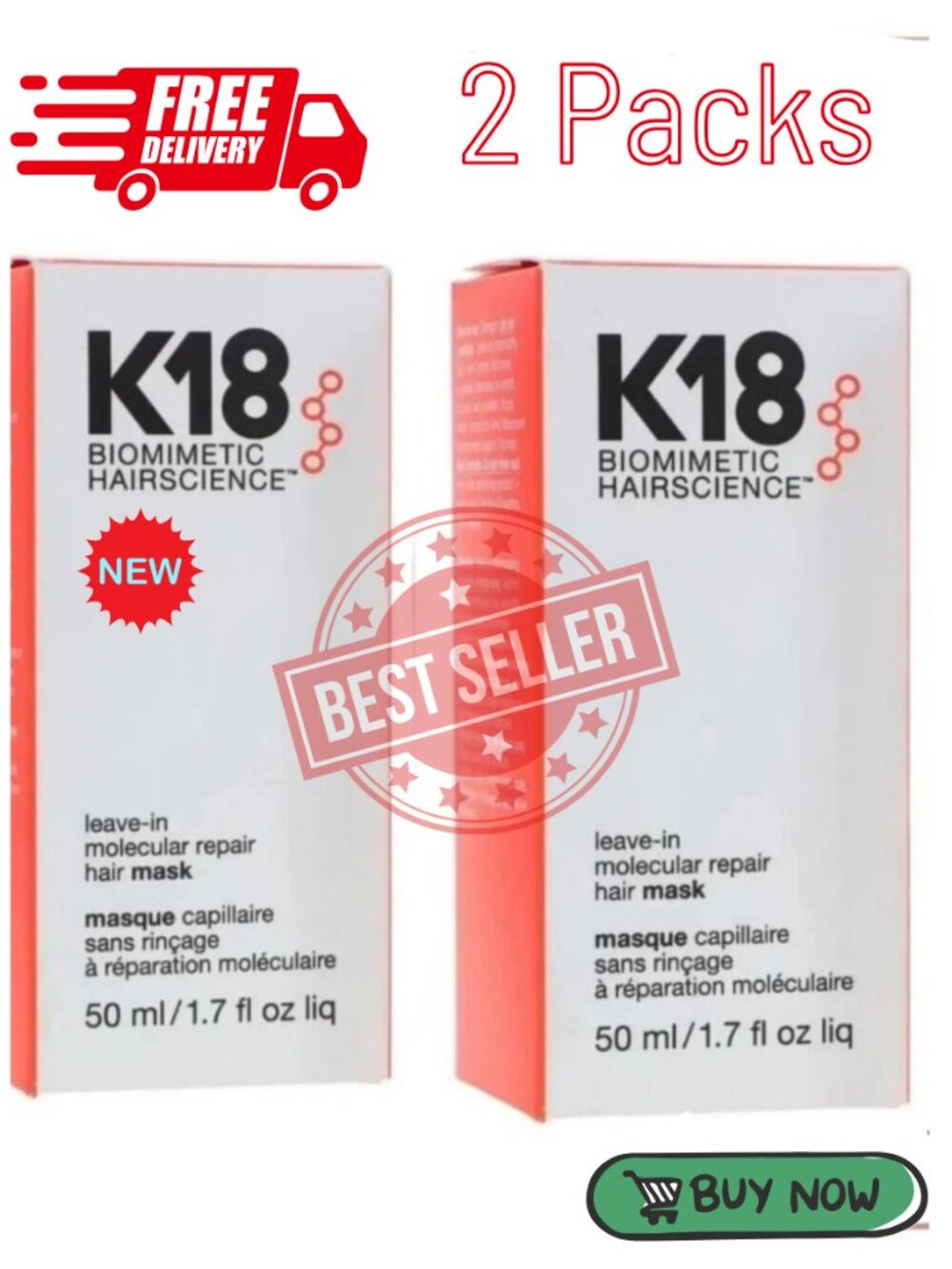 K18 Leave-In Molecular Repair Hair Mask 50ml 2 Pack NIB 50% Off